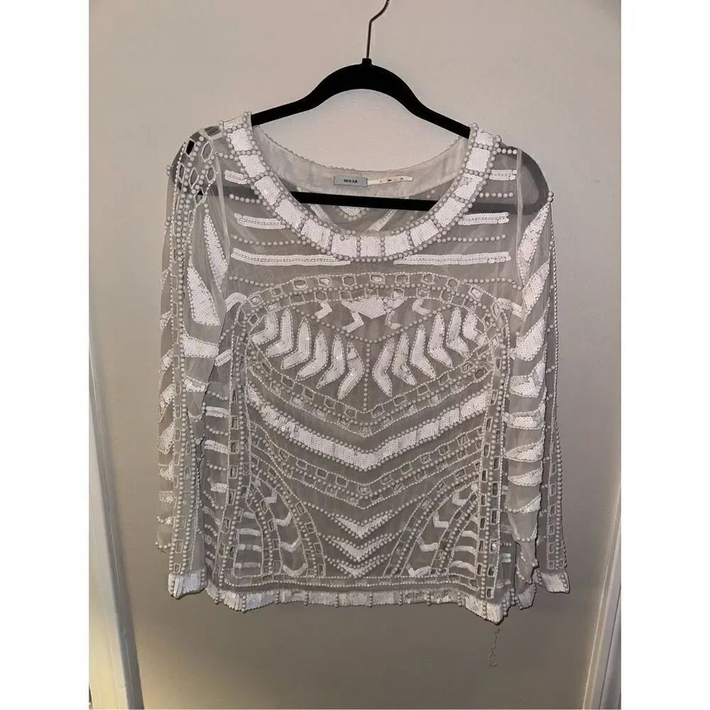 Kimchi Blue Anthropologie White Beaded Sequin Blouse Large Sheer Cut Out